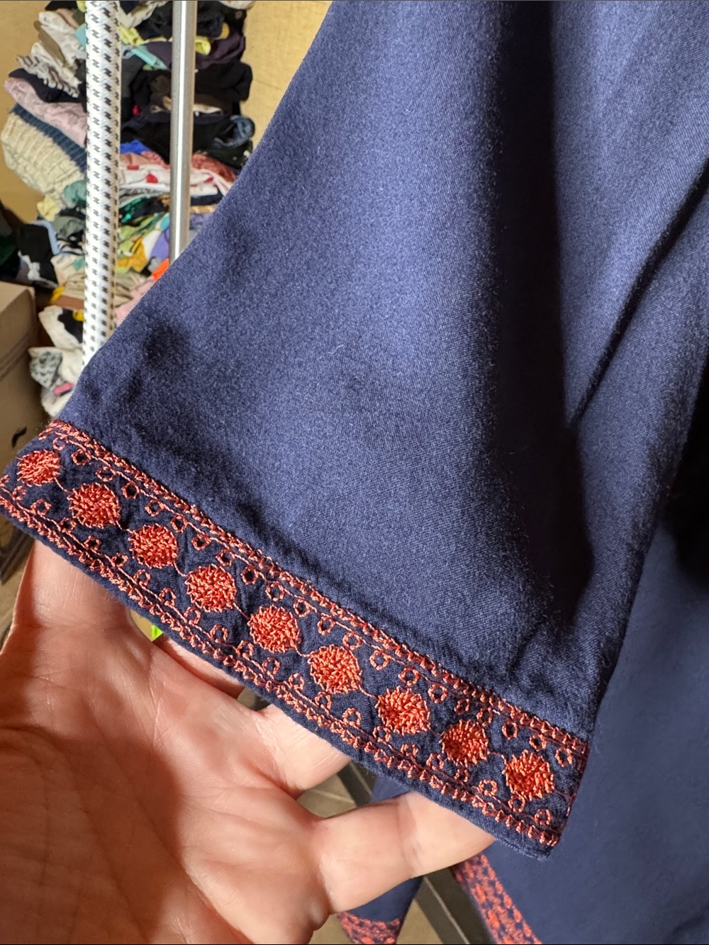 WD NY Navy Embroidered Boho Tunic Top Medium Rayon Peasant Festival Blouse - Picture 7 of 9